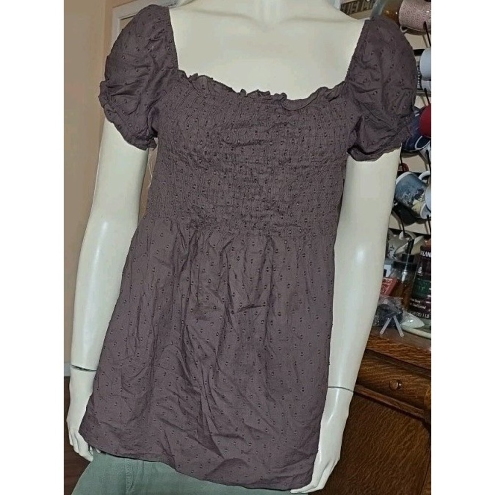 Vintage Y2K She's Cool Baby Doll Top L Brown Smocked Puff Sleeve Coquette‎